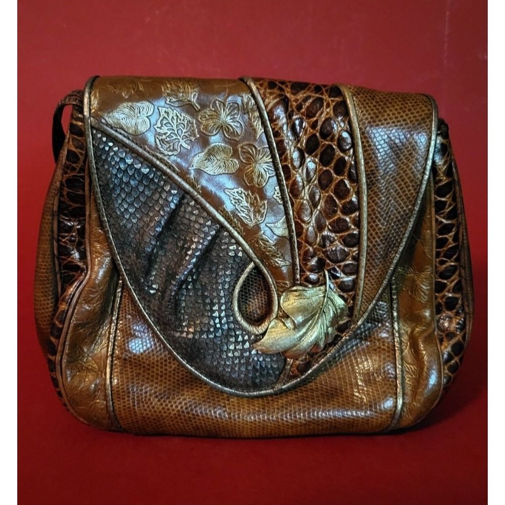Vintage Sharif Brown Embossed Leather Reptile Shoulder Bag Crossbody Bag